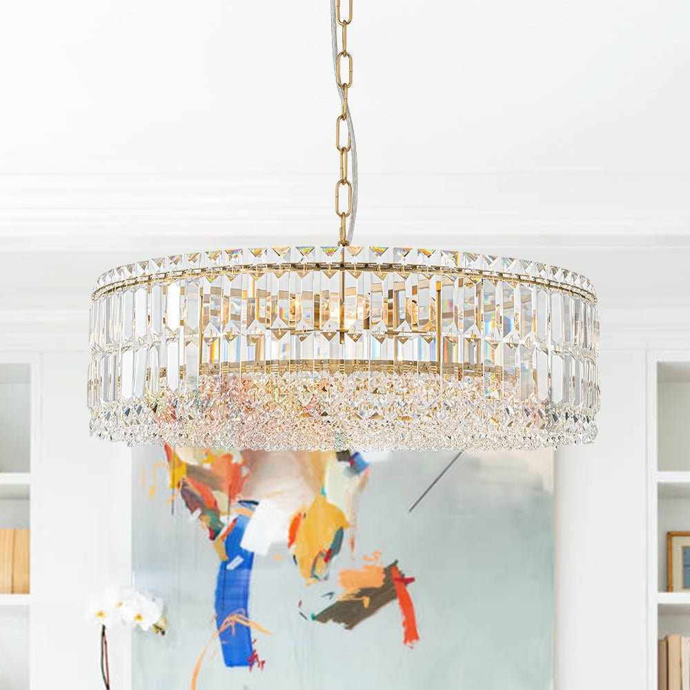 Pendantlightie - Luxury 8 - Light Crystal Accents Round Drum Chandelier For Dining Room - Chandeliers - Gold -