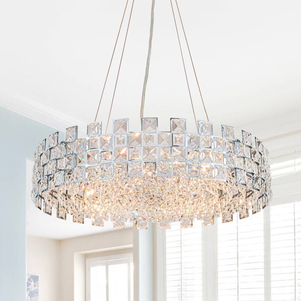 Pendantlightie - Luxury 8 - Light Hollow Design Facets Crystal Round Drum Chandelier - Chandeliers - Chrome -