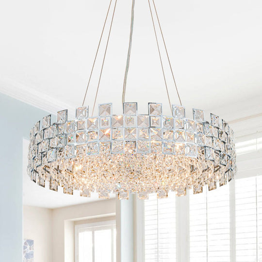 Pendantlightie - Luxury 8 - Light Hollow Design Facets Crystal Round Drum Chandelier - Chandeliers - Chrome -