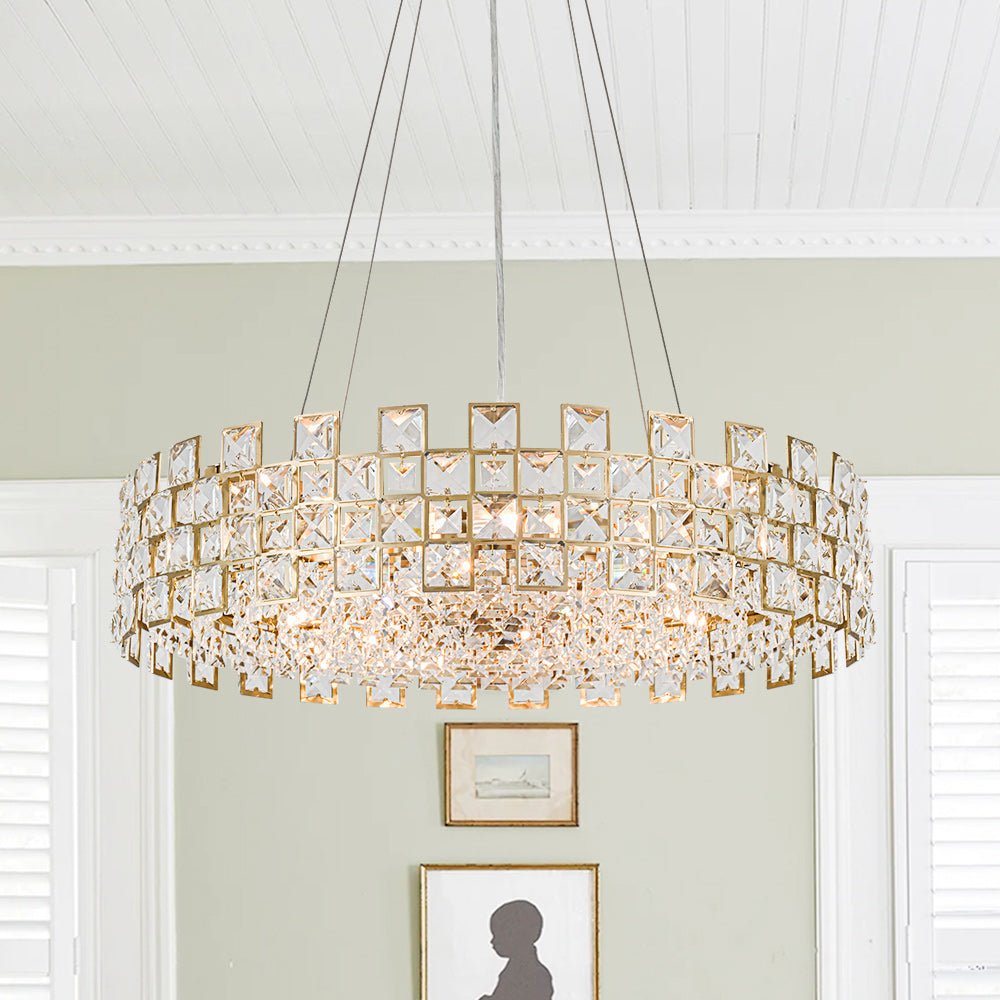 Pendantlightie - Luxury 8 - Light Hollow Design Facets Crystal Round Drum Chandelier - Chandeliers - Gold -