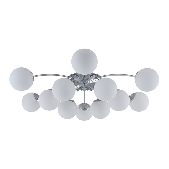 Pendantlightie - Mid - Century 12 - Light Sputnik Opal Glass Globe Semi Flush Ceiling Light - Semi Flush Mount - Chrome -