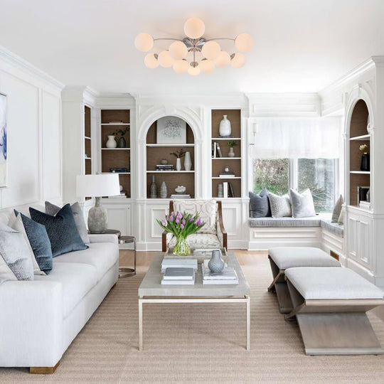 Pendantlightie - Mid - Century 12 - Light Sputnik Opal Glass Globe Semi Flush Ceiling Light - Semi Flush Mount - Chrome -