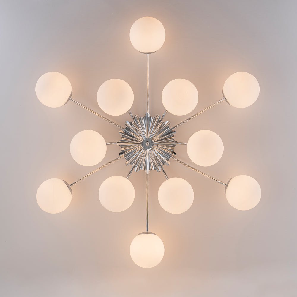 Pendantlightie - Mid - Century 12 - Light Sputnik Opal Glass Globe Semi Flush Ceiling Light - Semi Flush Mount - Chrome -