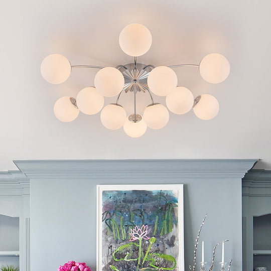 Pendantlightie - Mid - Century 12 - Light Sputnik Opal Glass Globe Semi Flush Ceiling Light - Semi Flush Mount - Chrome -