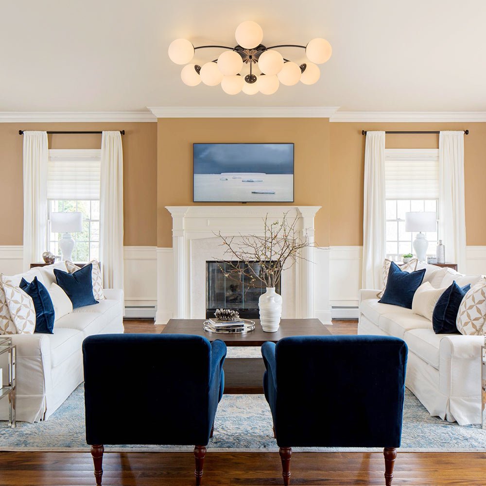 Pendantlightie - Mid - Century 12 - Light Sputnik Opal Glass Globe Semi Flush Ceiling Light - Semi Flush Mount - Chrome -