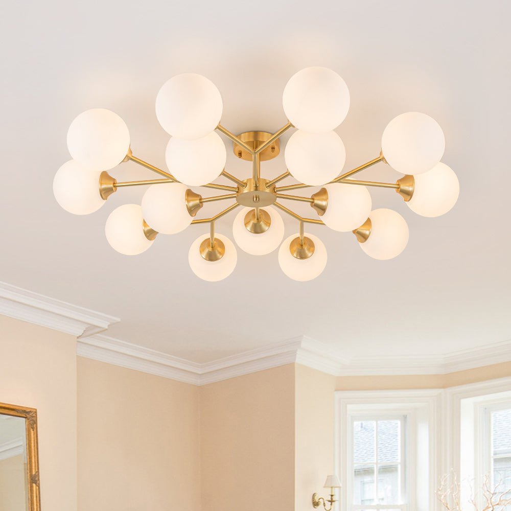 Pendantlightie - Mid - Century 15 - Light Sputnik Glass Globe Semi Flush Ceiling Light - Semi Flush Mount - Brass -