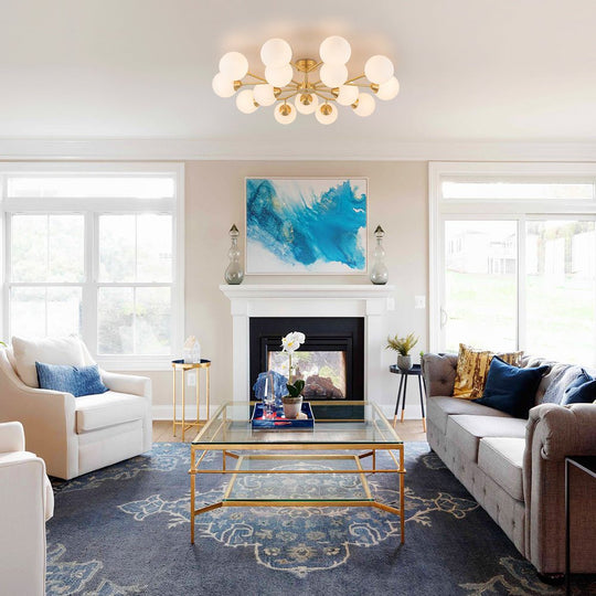 Pendantlightie - Mid - Century 15 - Light Sputnik Glass Globe Semi Flush Ceiling Light - Semi Flush Mount - Brass -