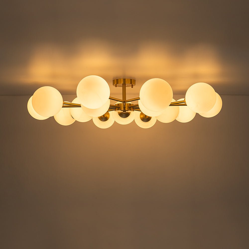 Pendantlightie - Mid - Century 15 - Light Sputnik Glass Globe Semi Flush Ceiling Light - Semi Flush Mount - Brass -