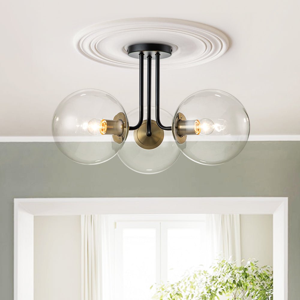 Pendantlightie - Mid - Century 3 - Light Clear Globe Sputnik Glass Semi Flush Mount - Semi Flush Mount - Black+Brass -