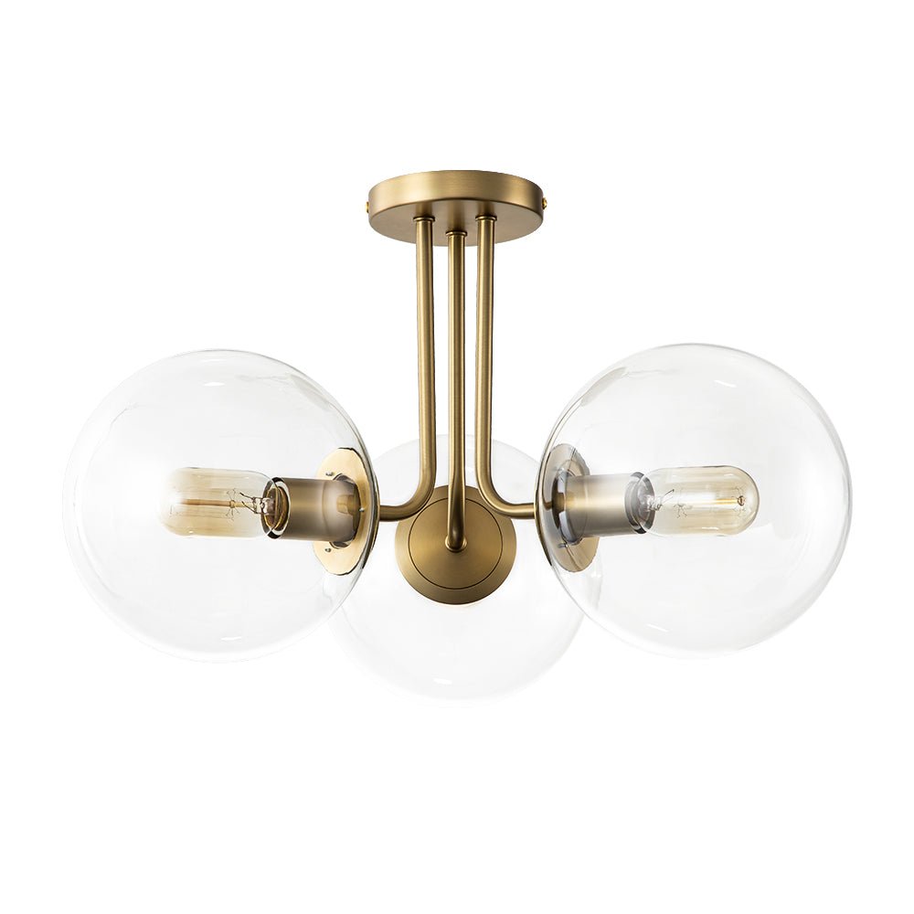 Pendantlightie - Mid - Century 3 - Light Clear Globe Sputnik Glass Semi Flush Mount - Semi Flush Mount - Brass -