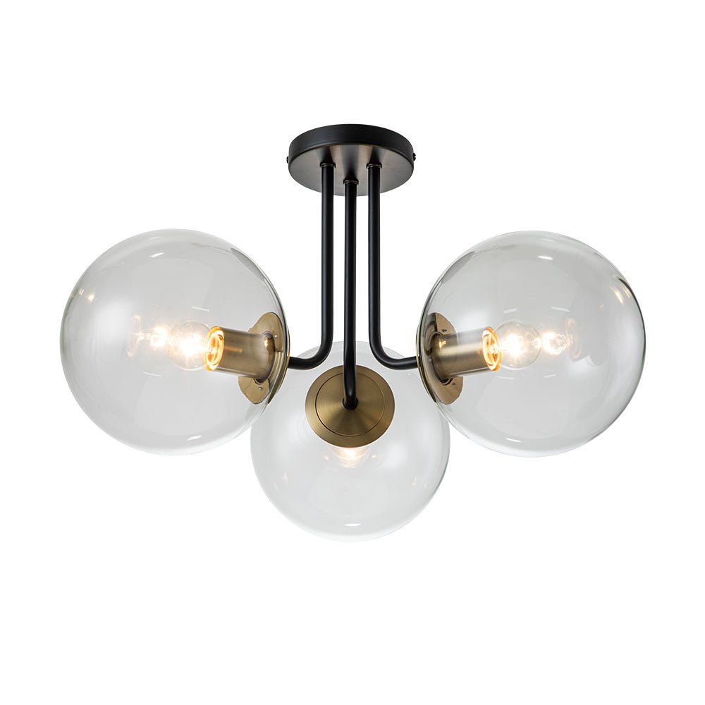 Pendantlightie - Mid - Century 3 - Light Clear Globe Sputnik Glass Semi Flush Mount - Semi Flush Mount - Brass -
