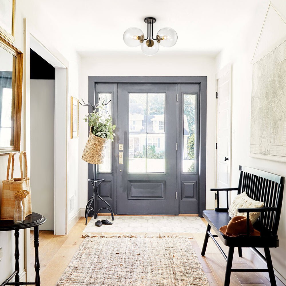 Pendantlightie - Mid - Century 3 - Light Clear Globe Sputnik Glass Semi Flush Mount - Semi Flush Mount - Brass -