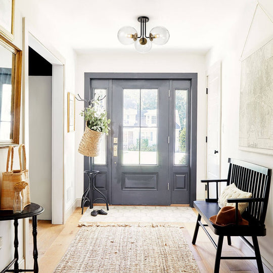 Pendantlightie - Mid - Century 3 - Light Clear Globe Sputnik Glass Semi Flush Mount - Semi Flush Mount - Brass -