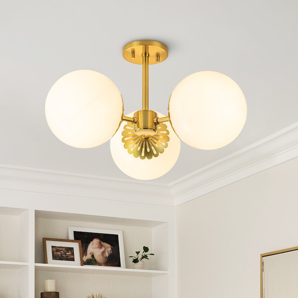 3-Light Sputnik Brass Ceiling Light with Globe White 2024 Glass Shade