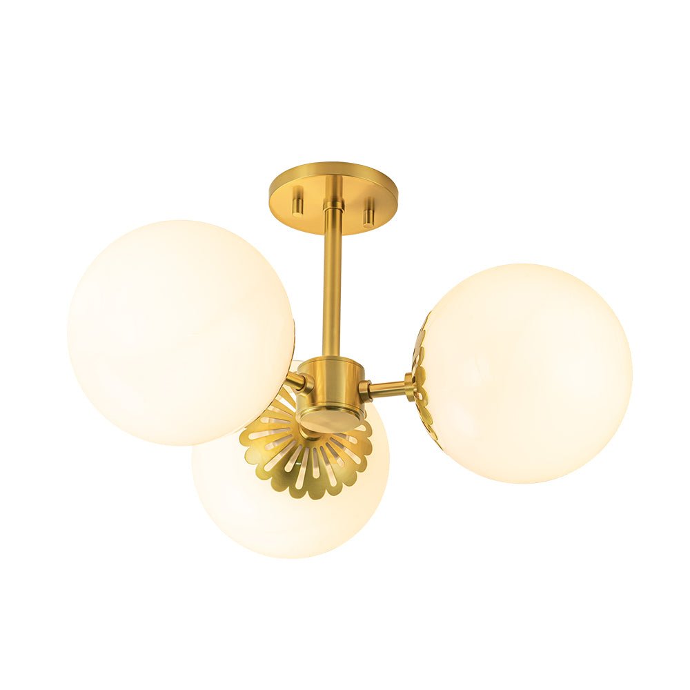 Pendantlightie - Mid - Century 3 - Light Sputnik Glass Globe Semi Ceiling Light - Semi Flush Mount - Brass -