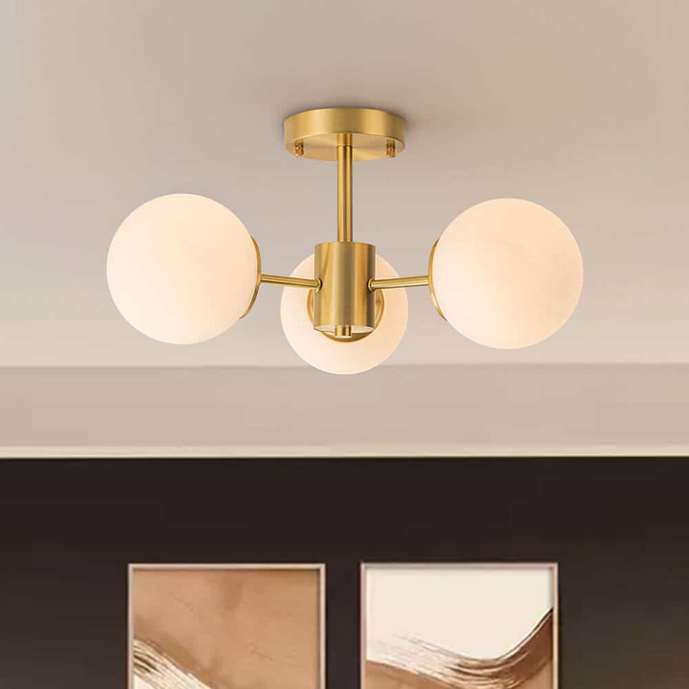 Pendantlightie - Mid - Century 3 - Light Sputnik Glass Globe Semi Flush Mount - Semi Flush Mount - Brass -