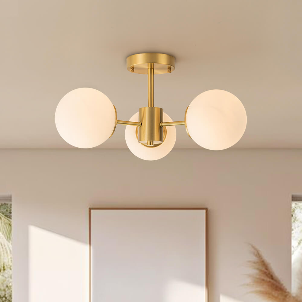 Pendantlightie - Mid - Century 3 - Light Sputnik Glass Globe Semi Flush Mount - Semi Flush Mount - Brass -