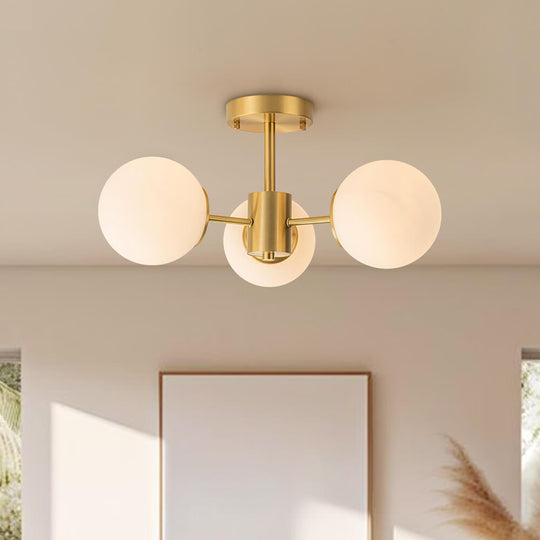 Pendantlightie - Mid - Century 3 - Light Sputnik Glass Globe Semi Flush Mount - Semi Flush Mount - Brass -