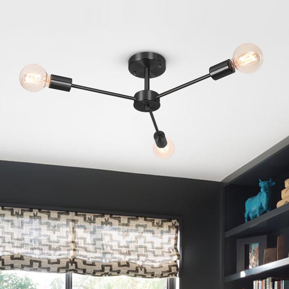 Pendantlightie-Mid-Century 3-Light Sputnik Style Ceiling Light For Low Ceiling-Semi Flush Mount-Black-