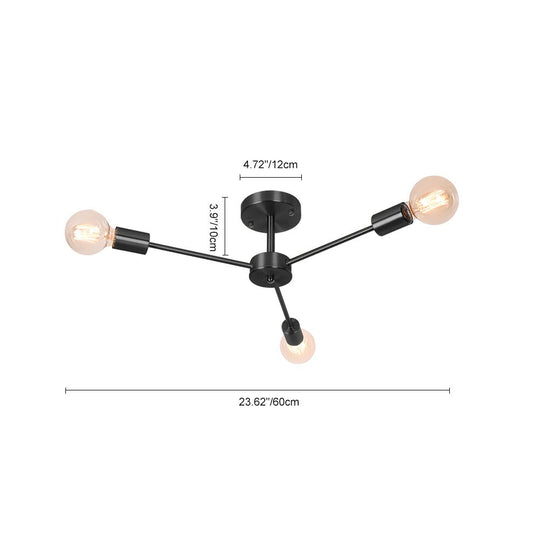 Pendantlightie-Mid-Century 3-Light Sputnik Style Ceiling Light For Low Ceiling-Semi Flush Mount-Black-