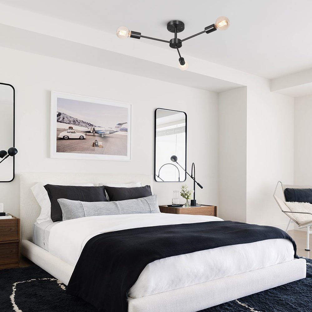 Pendantlightie-Mid-Century 3-Light Sputnik Style Ceiling Light For Low Ceiling-Semi Flush Mount-Black-