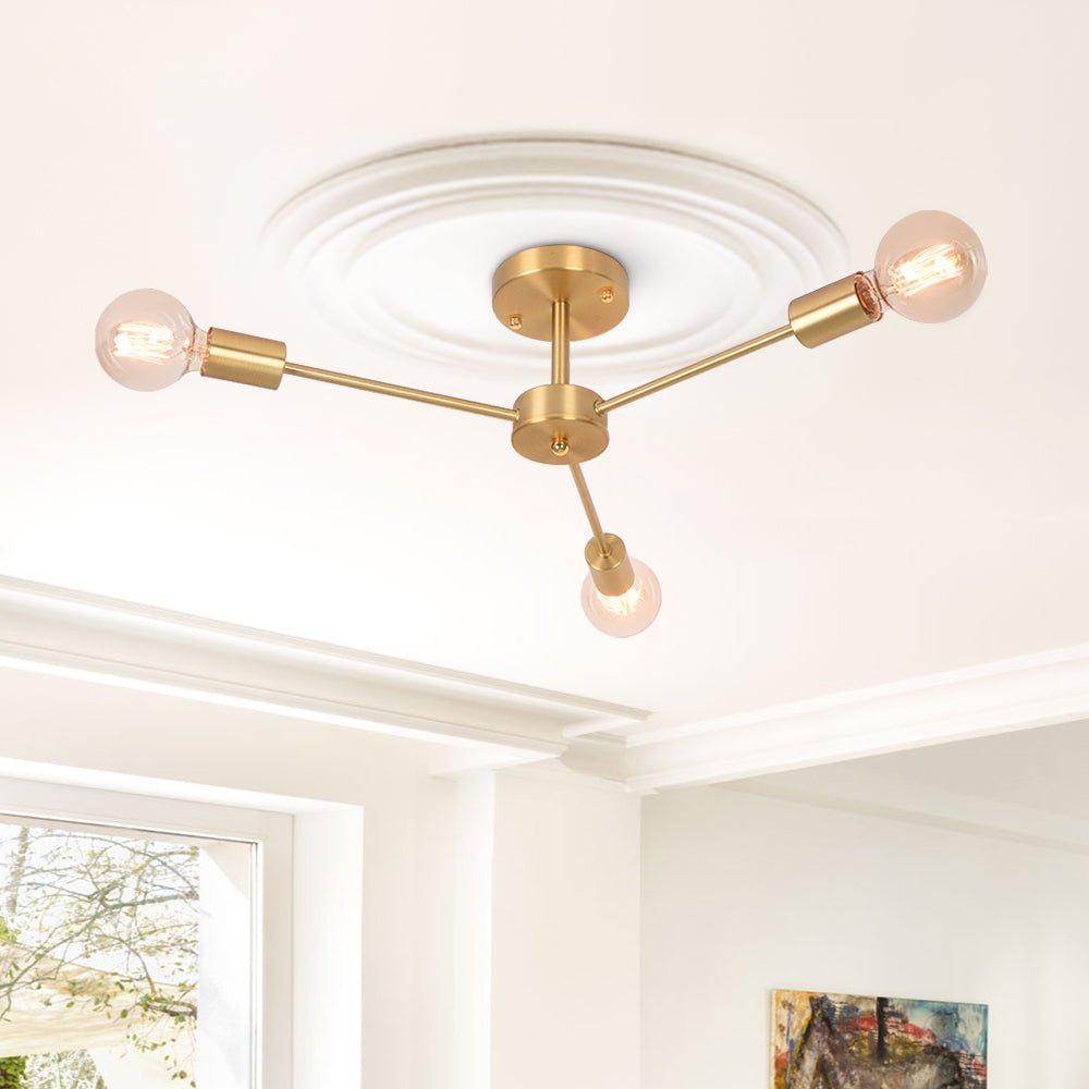 Pendantlightie-Mid-Century 3-Light Sputnik Style Ceiling Light For Low Ceiling-Semi Flush Mount-Gold-