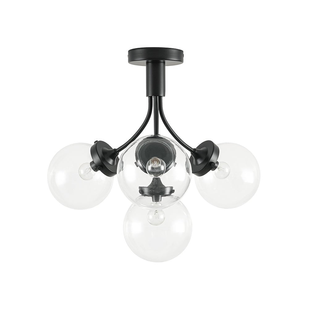 Pendantlightie - Mid - Century 4 - Light Clear Globe Shades Sputnik Semi Ceiling Light - Semi Flush Mount - Black -
