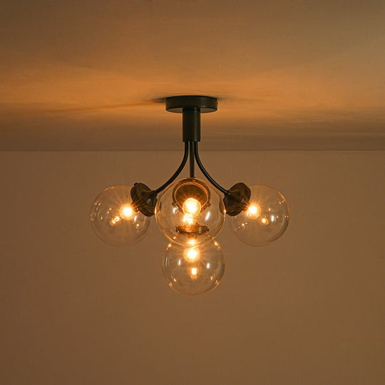 Pendantlightie - Mid - Century 4 - Light Clear Globe Shades Sputnik Semi Ceiling Light - Semi Flush Mount - Black -