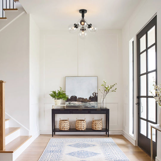 Pendantlightie - Mid - Century 4 - Light Clear Globe Shades Sputnik Semi Ceiling Light - Semi Flush Mount - Black -