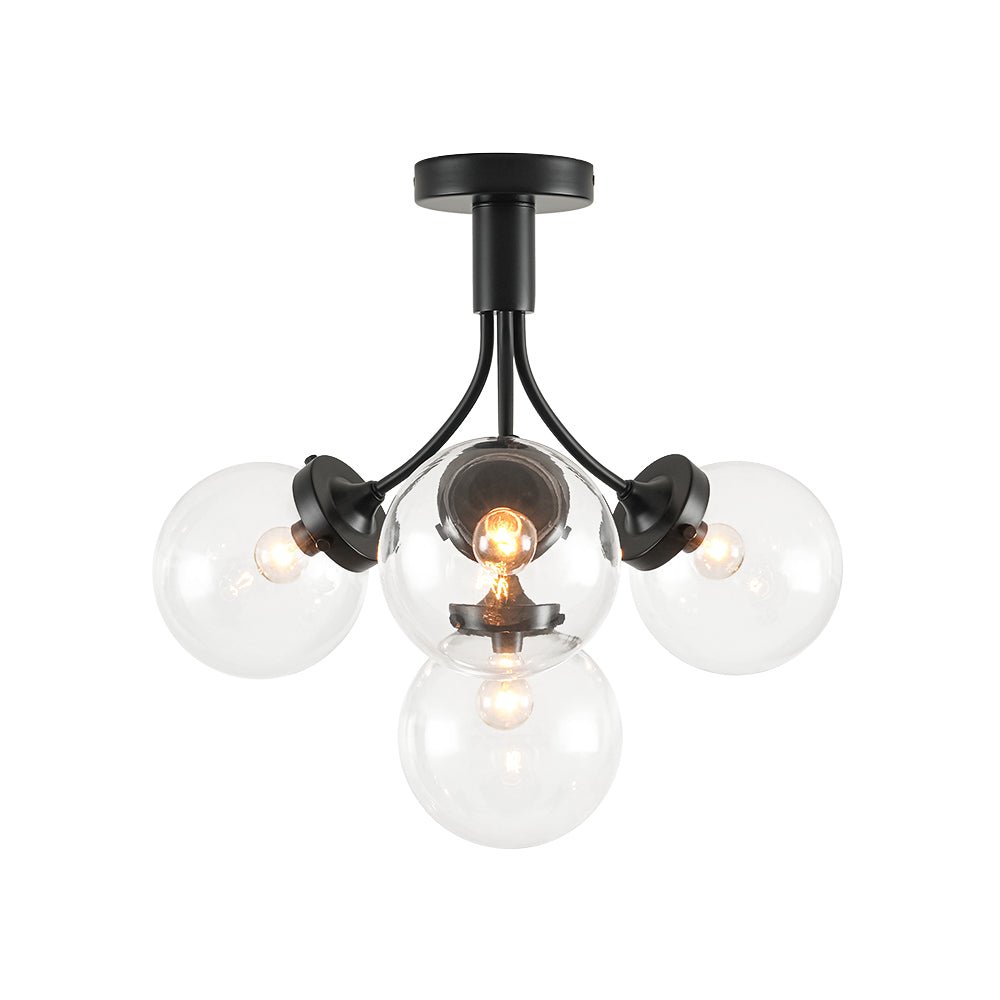 Pendantlightie - Mid - Century 4 - Light Clear Globe Shades Sputnik Semi Ceiling Light - Semi Flush Mount - Black -