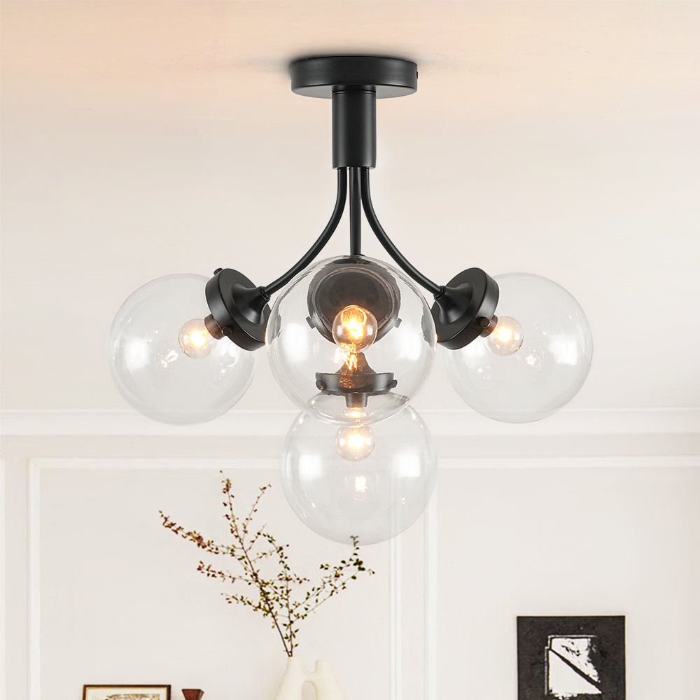 Pendantlightie - Mid - Century 4 - Light Clear Globe Shades Sputnik Semi Ceiling Light - Semi Flush Mount - Black -