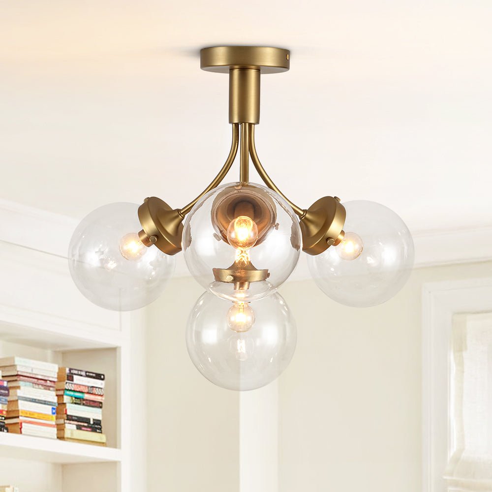 Pendantlightie - Mid - Century 4 - Light Clear Globe Shades Sputnik Semi Ceiling Light - Semi Flush Mount - Brass -