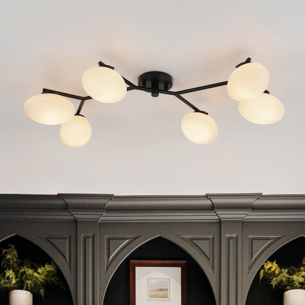 Pendantlightie - Mid - Century 6 - Light Elliptical Glass Globe Linear Semi Flush Mount - Semi Flush Mount - Black -