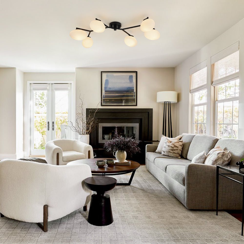 Pendantlightie - Mid - Century 6 - Light Elliptical Glass Globe Linear Semi Flush Mount - Semi Flush Mount - Black -