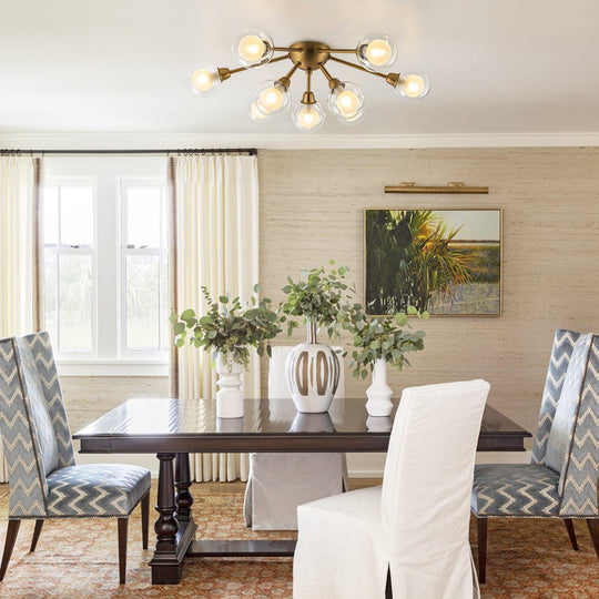 Pendantlightie - Mid - Century 9 - Light Double Layer Glass Sputnik Semi Ceiling Light - Semi Flush Mount - Black -