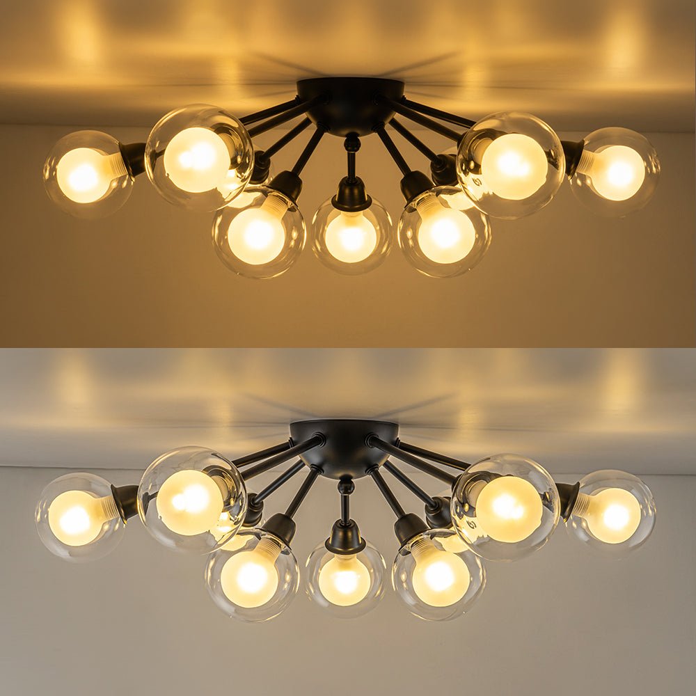 Pendantlightie - Mid - Century 9 - Light Double Layer Glass Sputnik Semi Ceiling Light - Semi Flush Mount - Black -