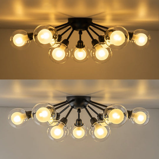 Pendantlightie - Mid - Century 9 - Light Double Layer Glass Sputnik Semi Ceiling Light - Semi Flush Mount - Black -