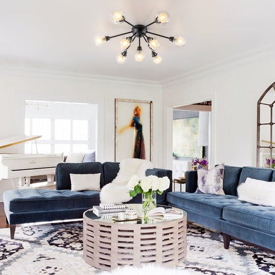 Pendantlightie - Mid - Century 9 - Light Double Layer Glass Sputnik Semi Ceiling Light - Semi Flush Mount - Black -