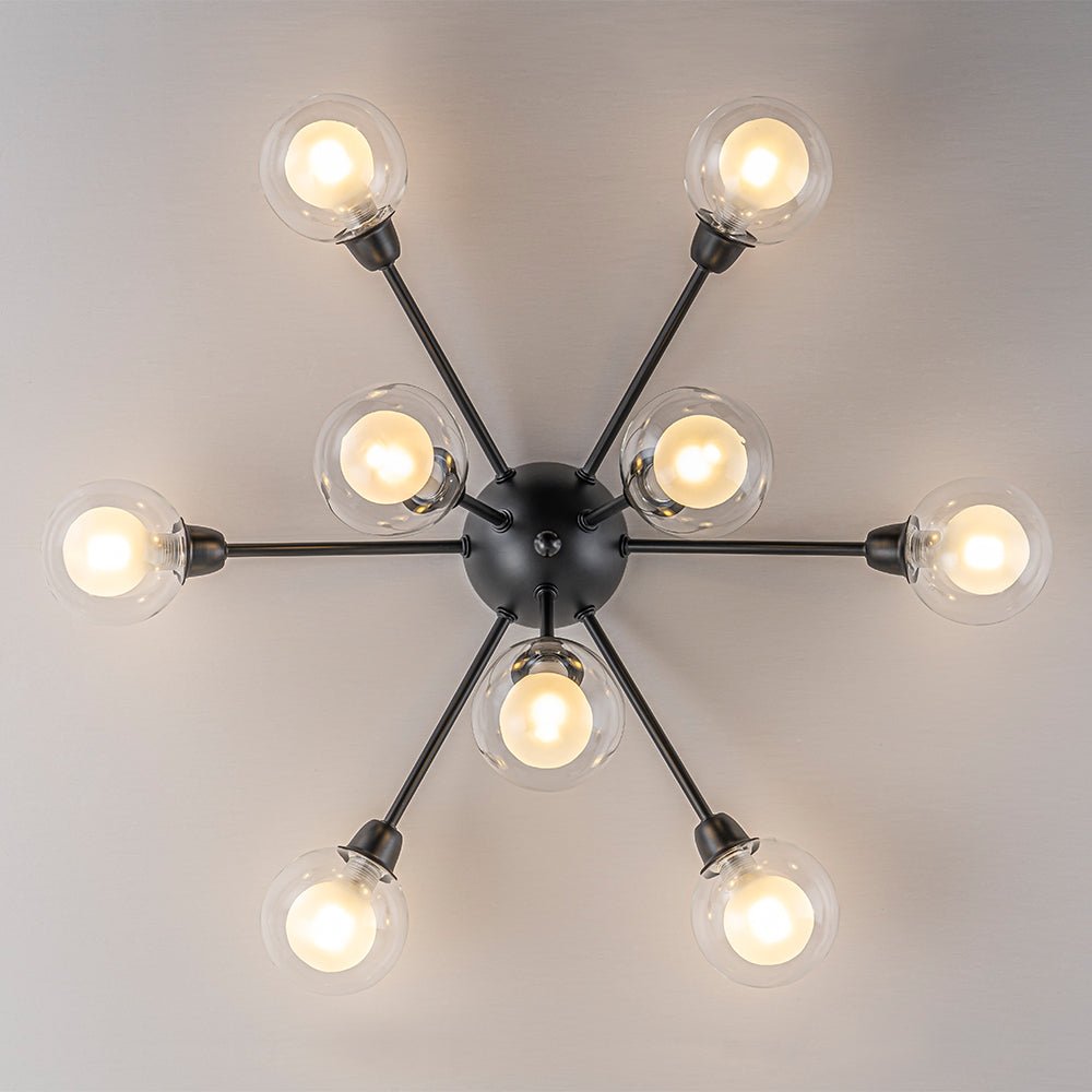 Pendantlightie - Mid - Century 9 - Light Double Layer Glass Sputnik Semi Ceiling Light - Semi Flush Mount - Black -