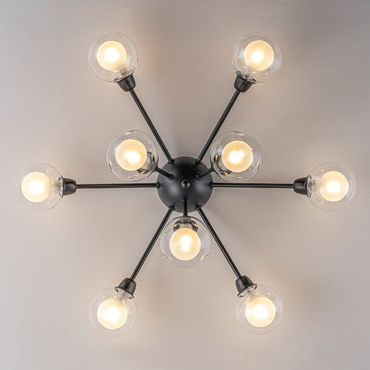 Pendantlightie - Mid - Century 9 - Light Double Layer Glass Sputnik Semi Ceiling Light - Semi Flush Mount - Black -