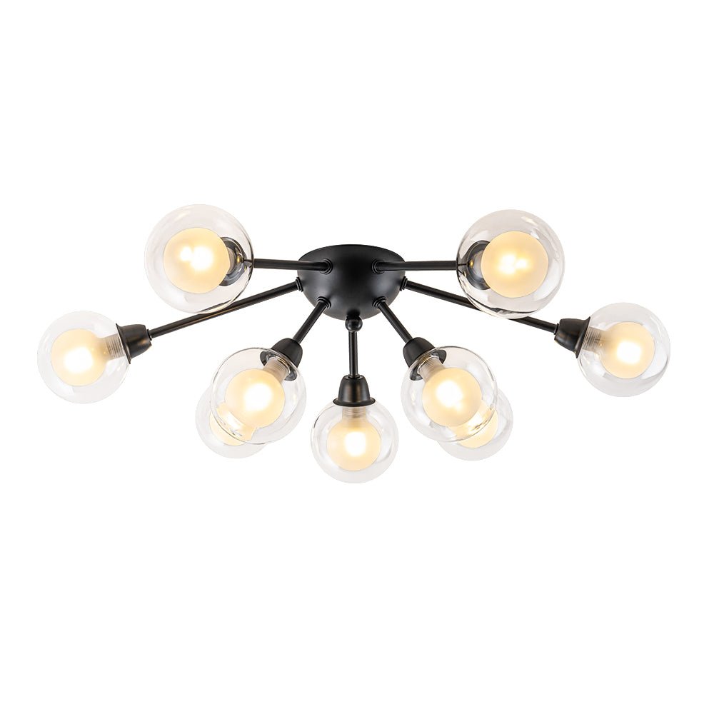 Pendantlightie - Mid - Century 9 - Light Double Layer Glass Sputnik Semi Ceiling Light - Semi Flush Mount - Black -