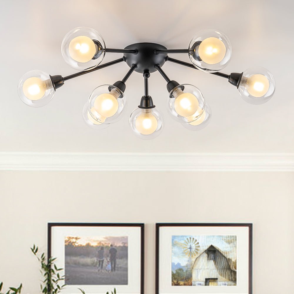 Pendantlightie - Mid - Century 9 - Light Double Layer Glass Sputnik Semi Ceiling Light - Semi Flush Mount - Black -