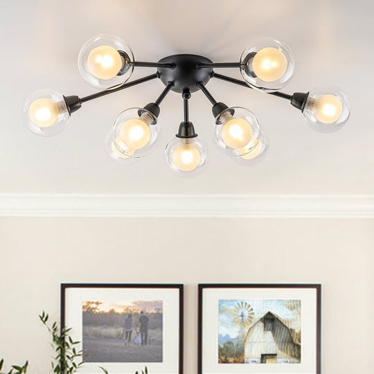 Pendantlightie - Mid - Century 9 - Light Double Layer Glass Sputnik Semi Ceiling Light - Semi Flush Mount - Black -