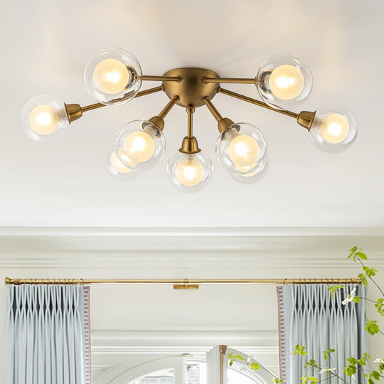 Pendantlightie - Mid - Century 9 - Light Double Layer Glass Sputnik Semi Ceiling Light - Semi Flush Mount - Brass -