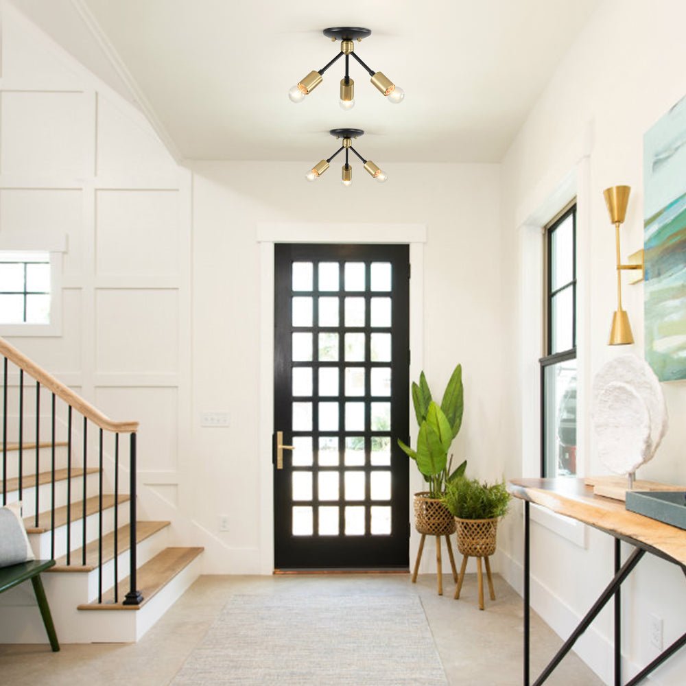 Pendantlightie - Mid - Century Modern 3 - Light Semi Flush Sputnik Light - Semi Flush Mount - Black+Gold -