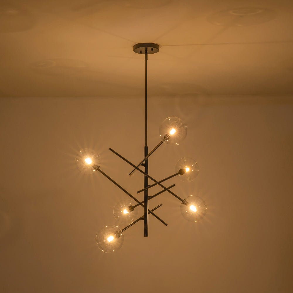 Pendantlightie - Mid - Century Modern 6 - Light Clear Glass Shaded Sputnik Chandelier - Chandeliers - Black -