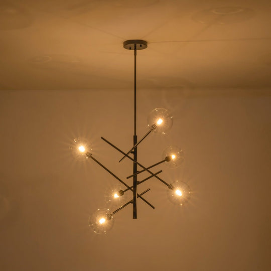 Pendantlightie - Mid - Century Modern 6 - Light Clear Glass Shaded Sputnik Chandelier - Chandeliers - Black -