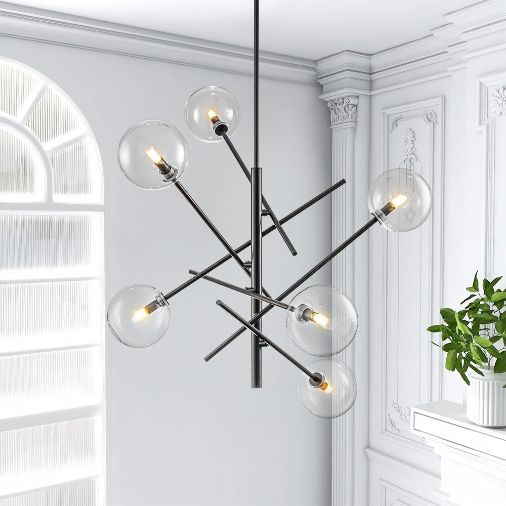 Pendantlightie - Mid - Century Modern 6 - Light Clear Glass Shaded Sputnik Chandelier - Chandeliers - Black -