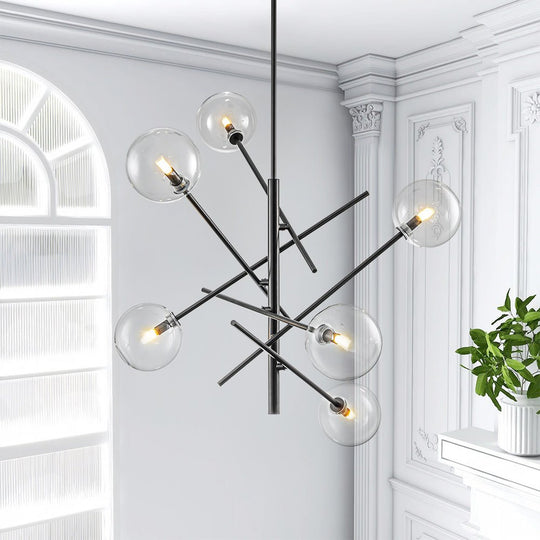 Pendantlightie - Mid - Century Modern 6 - Light Clear Glass Shaded Sputnik Chandelier - Chandeliers - Black -