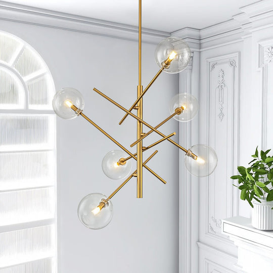 Pendantlightie - Mid - Century Modern 6 - Light Clear Glass Shaded Sputnik Chandelier - Chandeliers - Gold -